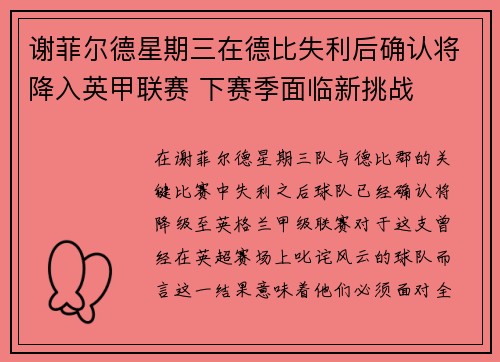 谢菲尔德星期三在德比失利后确认将降入英甲联赛 下赛季面临新挑战